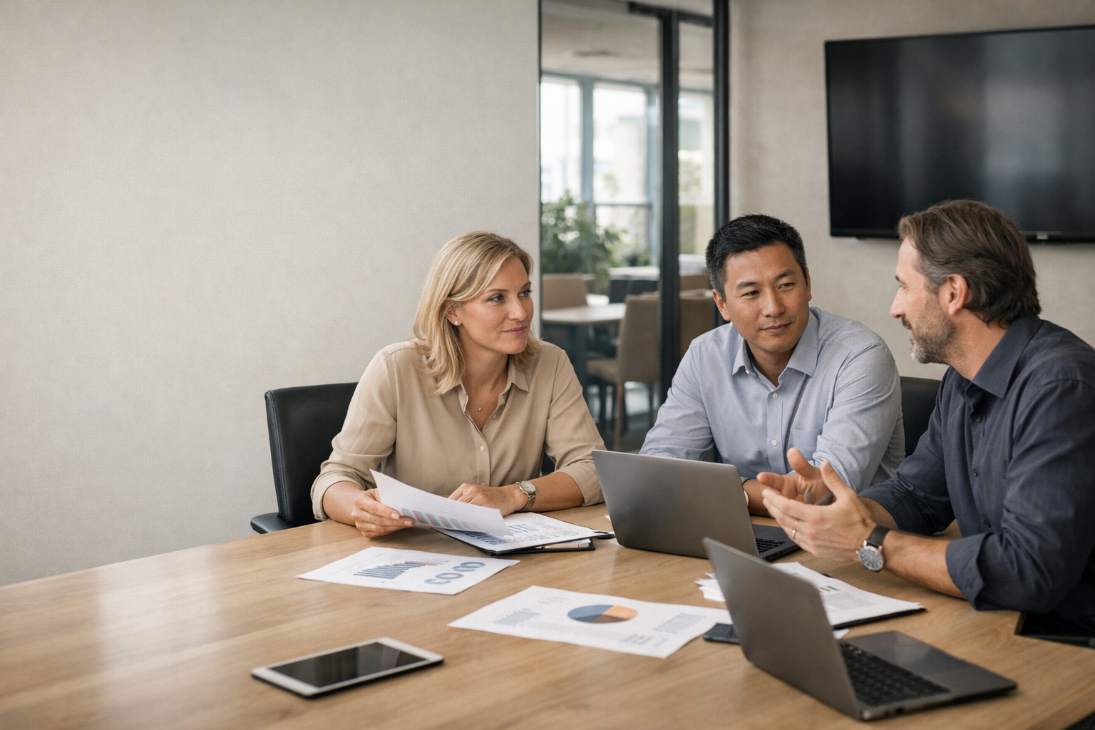 Erfarna kollegor i ett modernt mötesrum med laptop och pågående diskussion